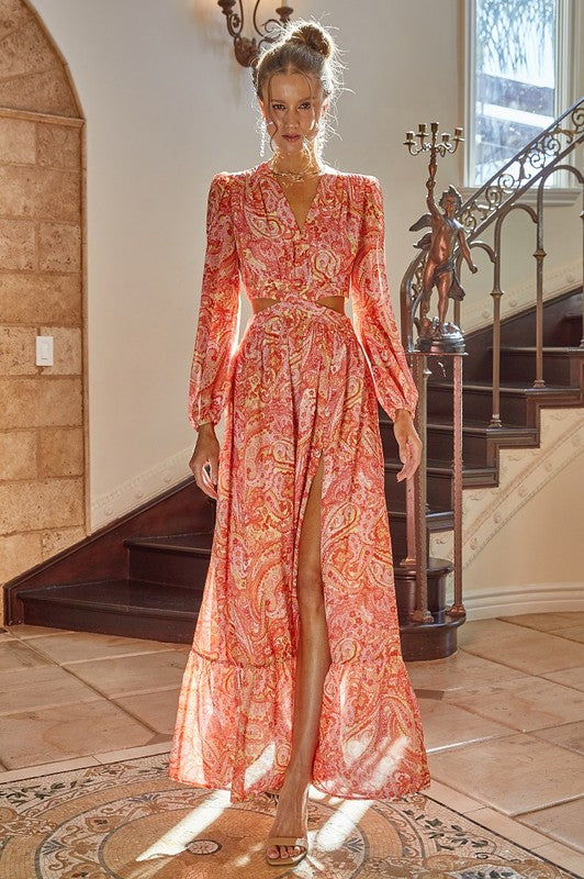 Fashion Red Multi-Color Floral Print V-Neck Ruffle Cut-Out Open Back Maxi Dress with Long Sleeve
