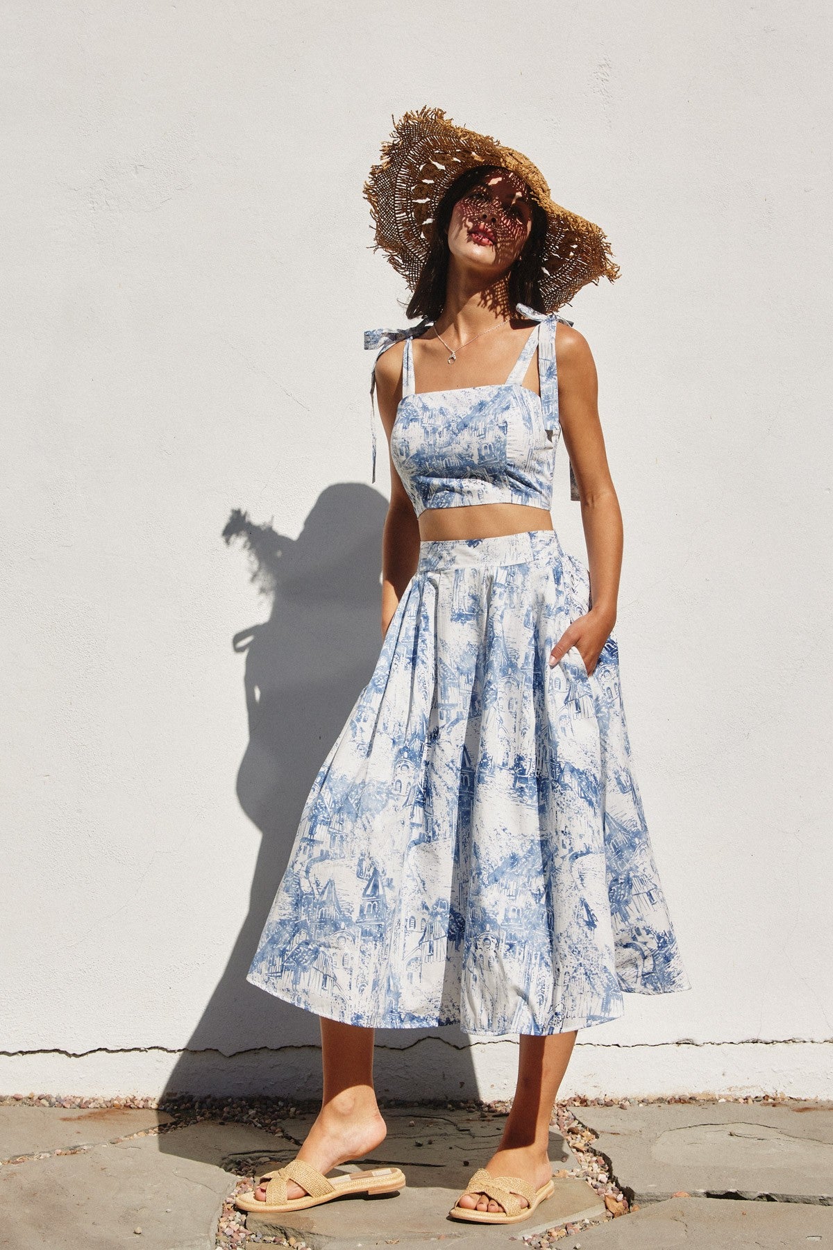 Fashion Summer White Blue Print High Waisted Ruffle Midi Skirt