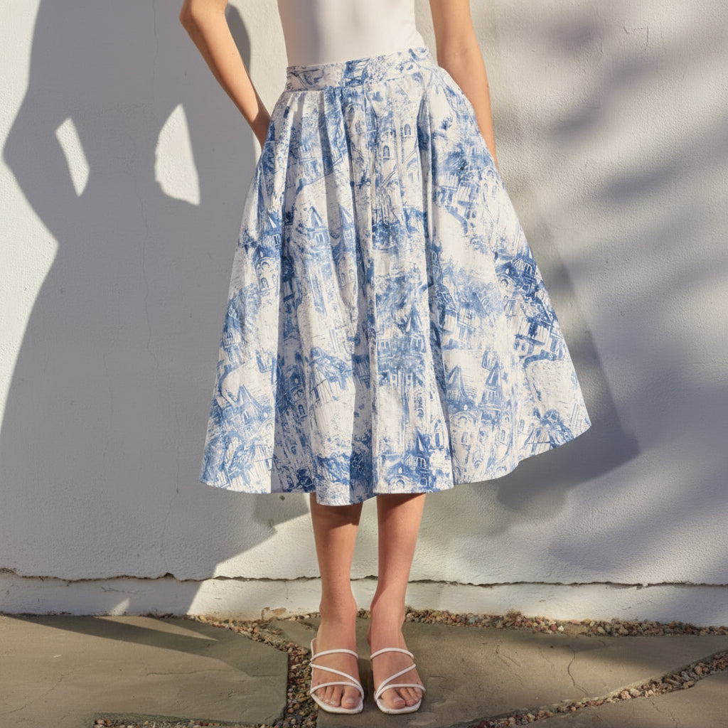 Fashion Summer White Blue Print High Waisted Ruffle Midi Skirt