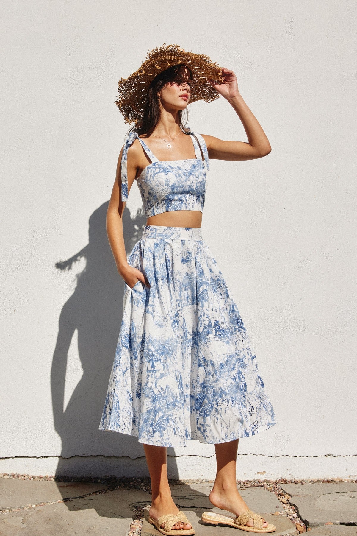 Fashion Summer White Blue Print High Waisted Ruffle Midi Skirt