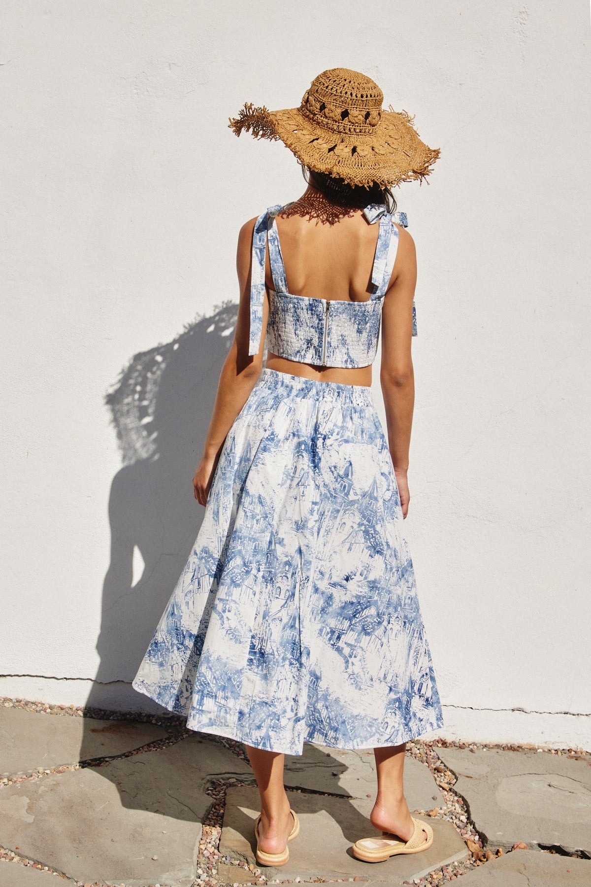 Fashion Summer White Blue Print High Waisted Ruffle Midi Skirt