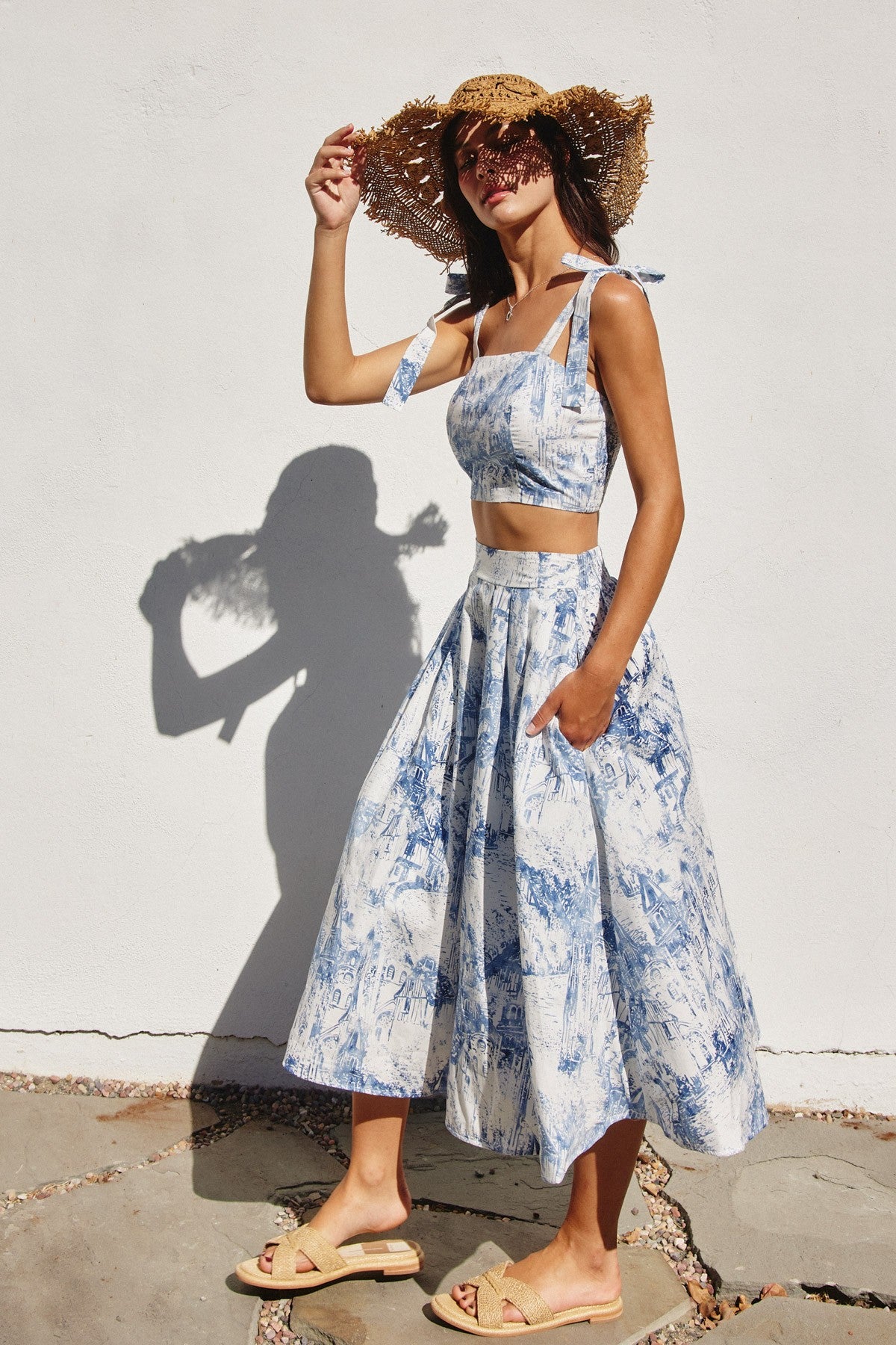 Fashion Summer White Blue Print High Waisted Ruffle Midi Skirt