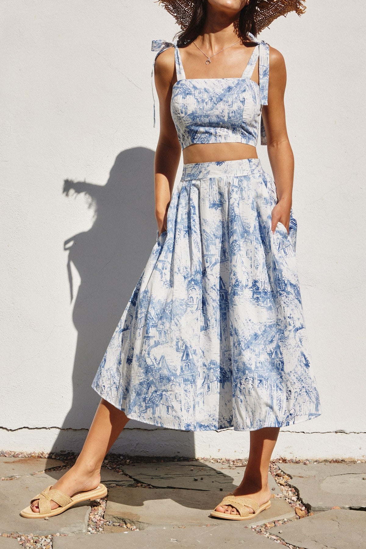 Fashion Summer White Blue Print High Waisted Ruffle Midi Skirt