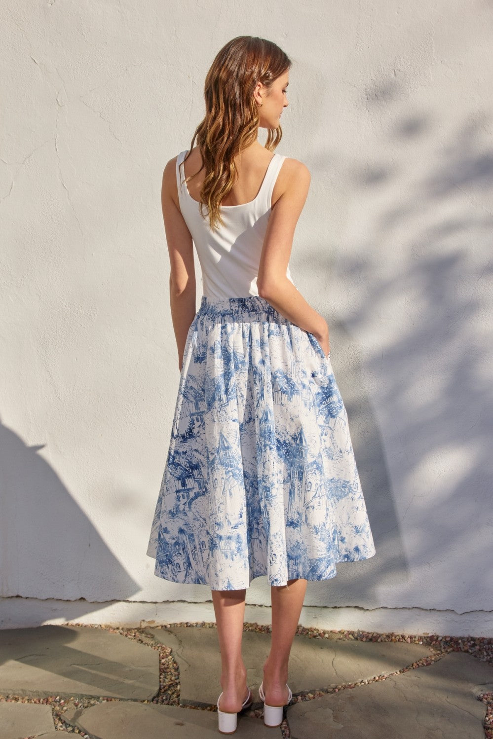 Fashion Summer White Blue Print High Waisted Ruffle Midi Skirt