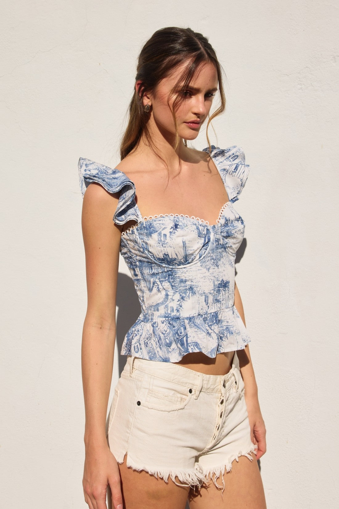 Fashion Summer White Blue Print V-Neck Band Detailed Corset Back Tie-Up Ruffle Crop Top
