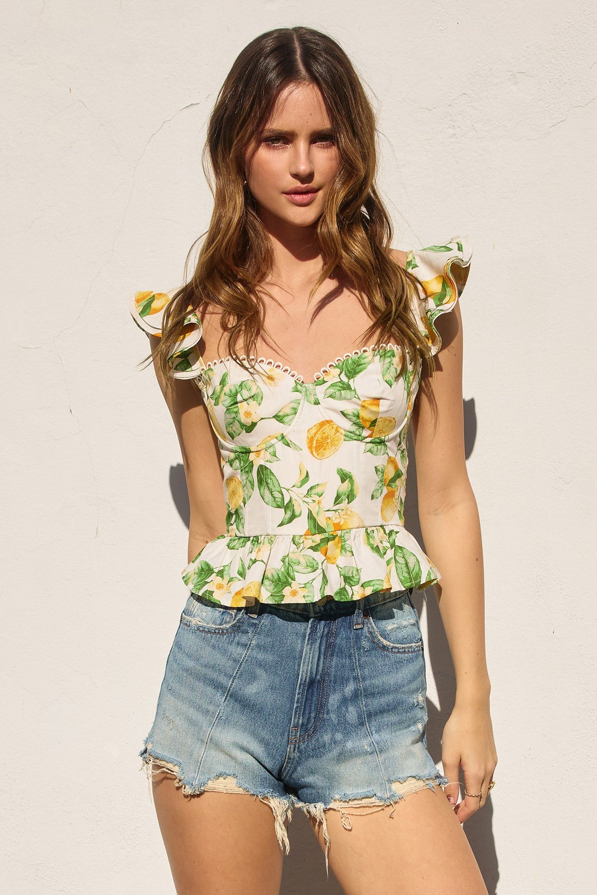 Fashion Summer White Lemon Print V-Neck Band Detailed Corset Back Tie-Up Ruffle Crop Top