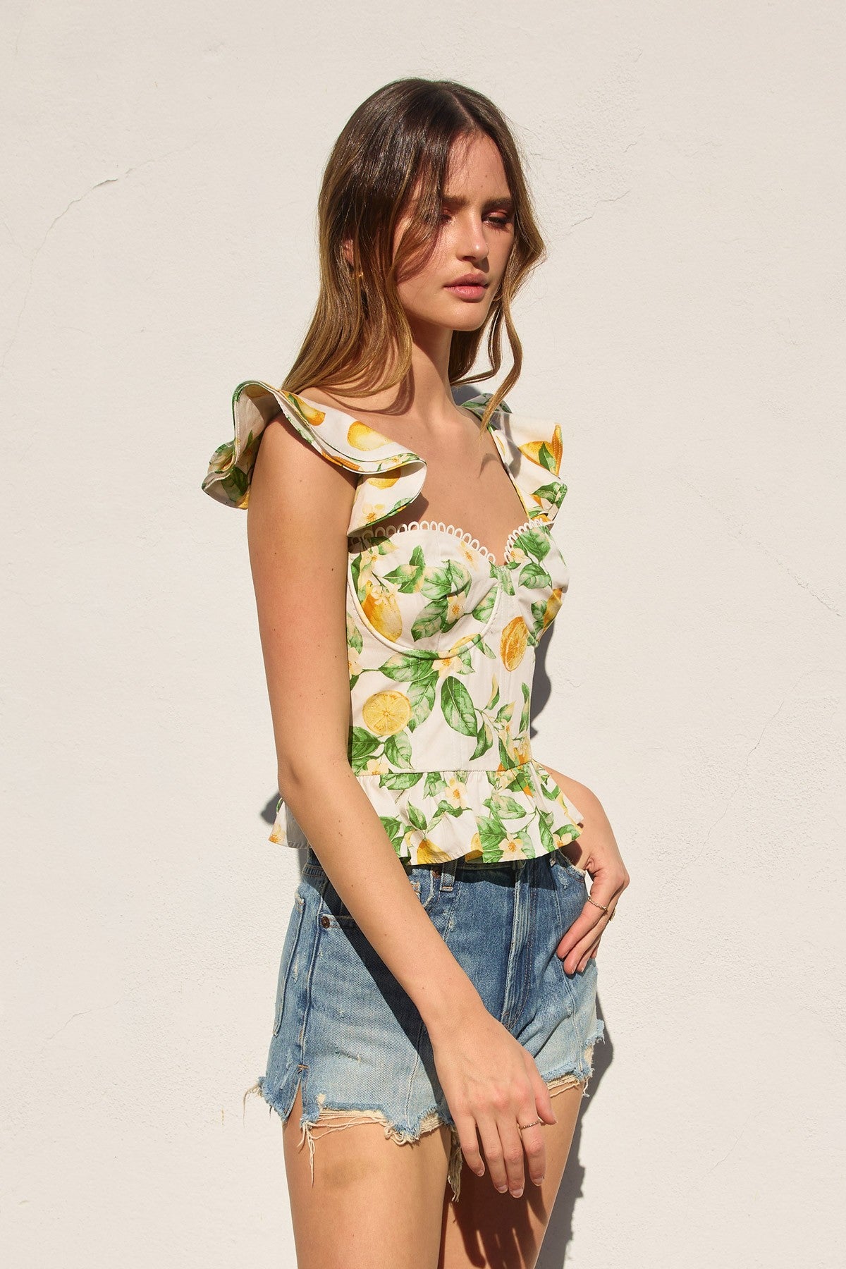 Fashion Summer White Lemon Print V-Neck Band Detailed Corset Back Tie-Up Ruffle Crop Top