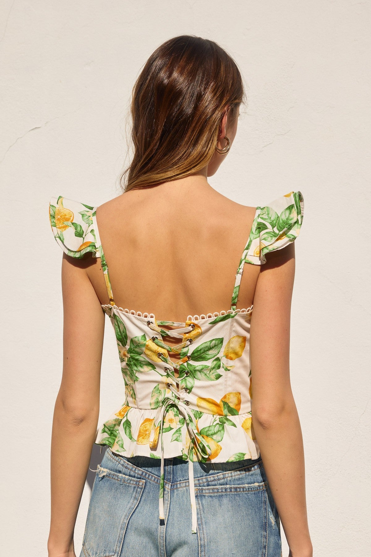 Fashion Summer White Lemon Print V-Neck Band Detailed Corset Back Tie-Up Ruffle Crop Top
