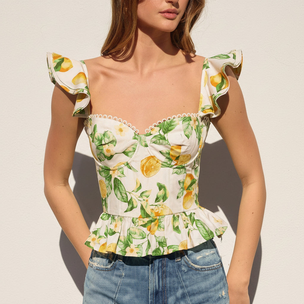 Fashion Summer White Lemon Print V-Neck Band Detailed Corset Back Tie-Up Ruffle Crop Top