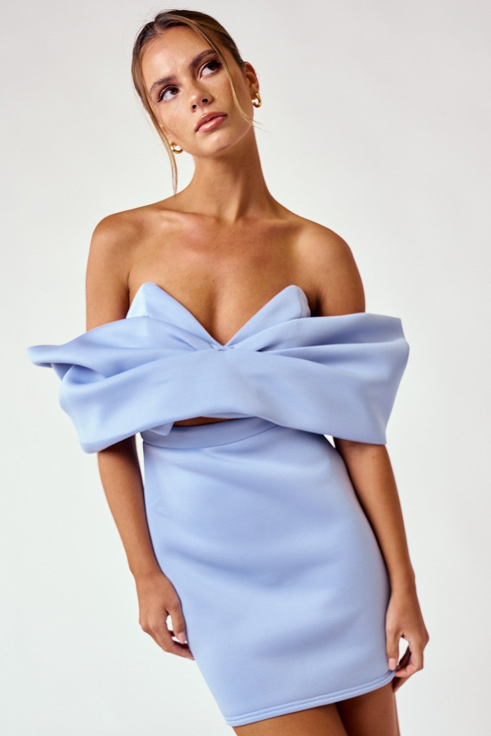 Elegant Light Blue V-Neck Off Shoulder Cut-Out Ruffle Mini Dress