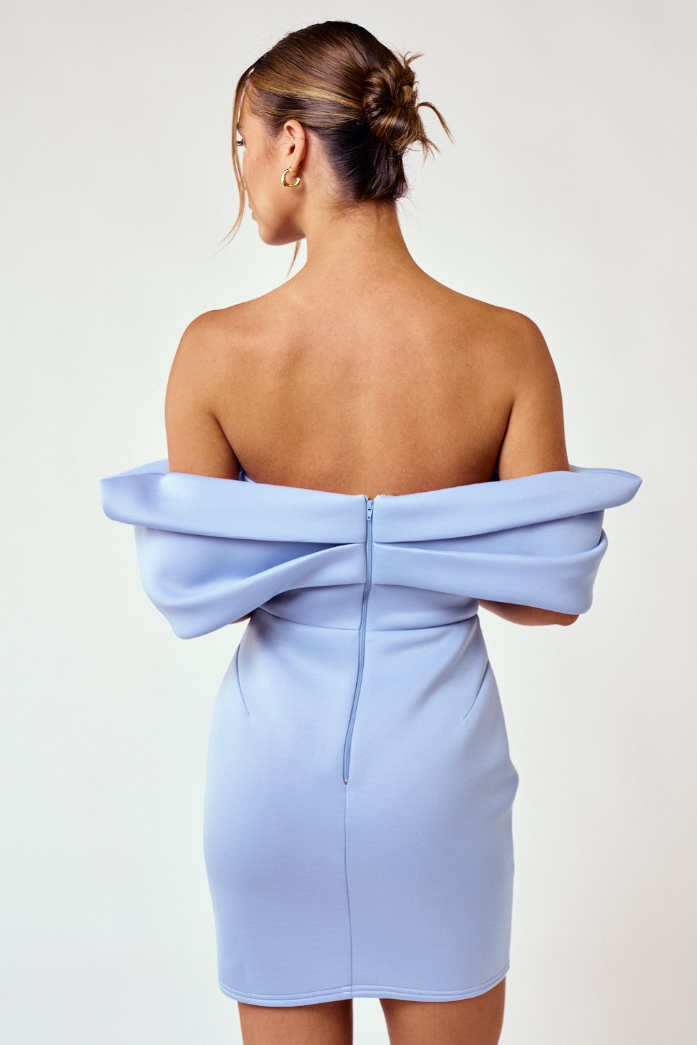 Elegant Light Blue V-Neck Off Shoulder Cut-Out Ruffle Mini Dress EDITE MODE Elegant Light Blue V-Neck Off Shoulder Cut-Out Ruffle Mini Dress EDITE MODE