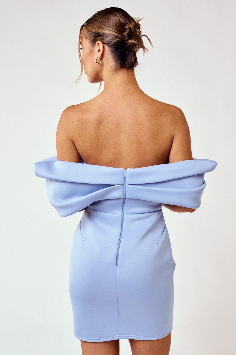 Elegant Light Blue V-Neck Off Shoulder Cut-Out Ruffle Mini Dress