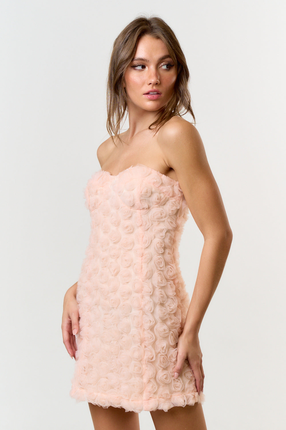 Elegant Blush Strapless Rose Detailed Textured Mini Dress