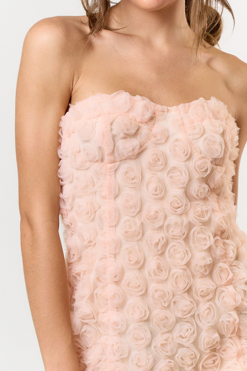 Elegant Blush Strapless Rose Detailed Textured Mini Dress