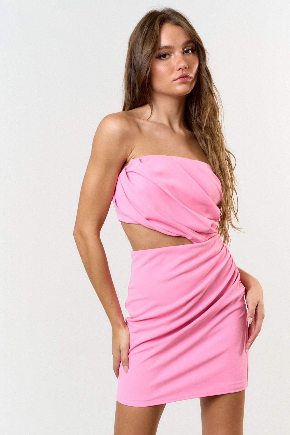 Fashion Strapless Light Pink Pleated Cut-Out Bodycon Mini Dress