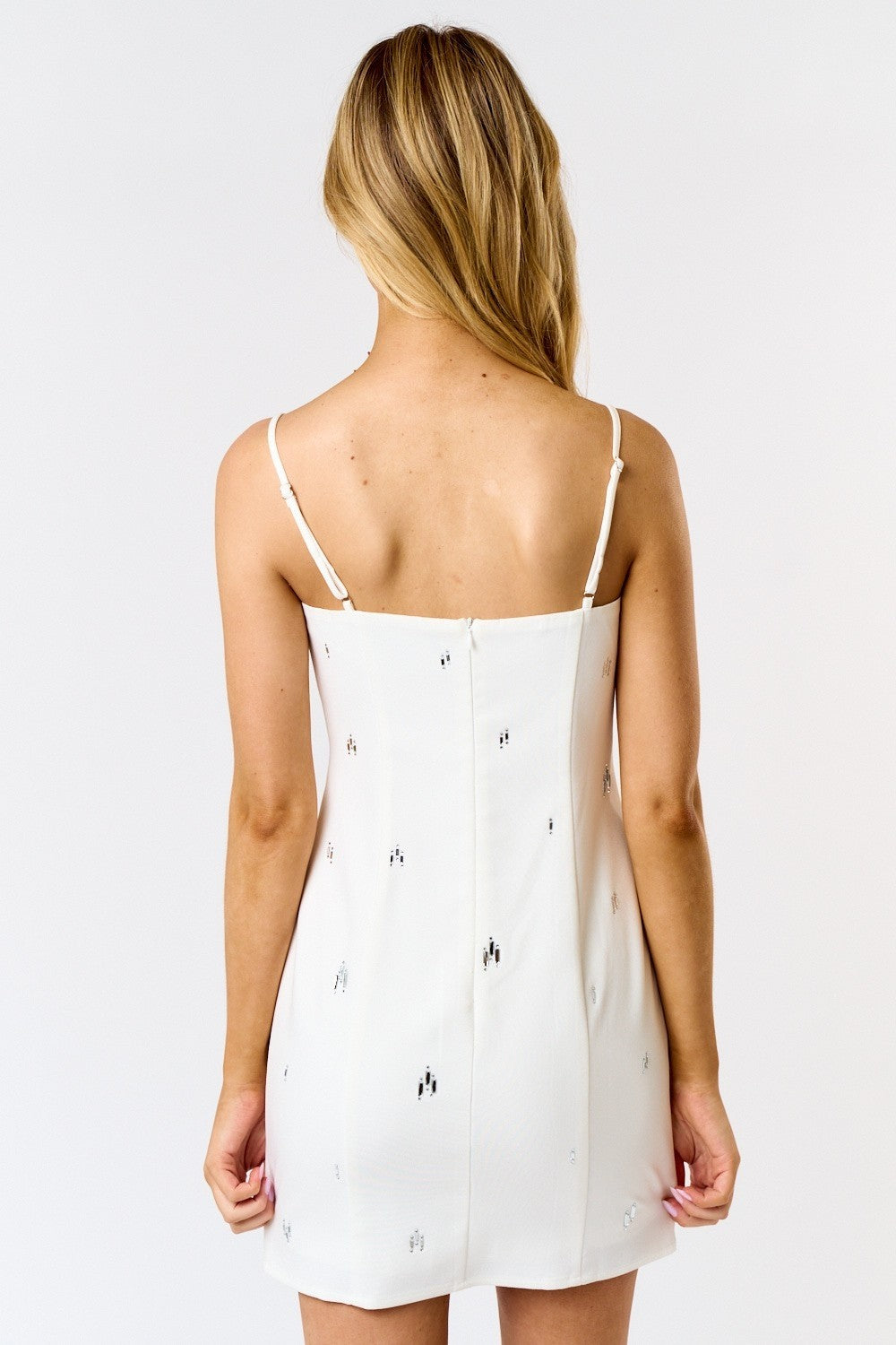 Elegant Off White Strap Rhinestone Detailed Mini Dress