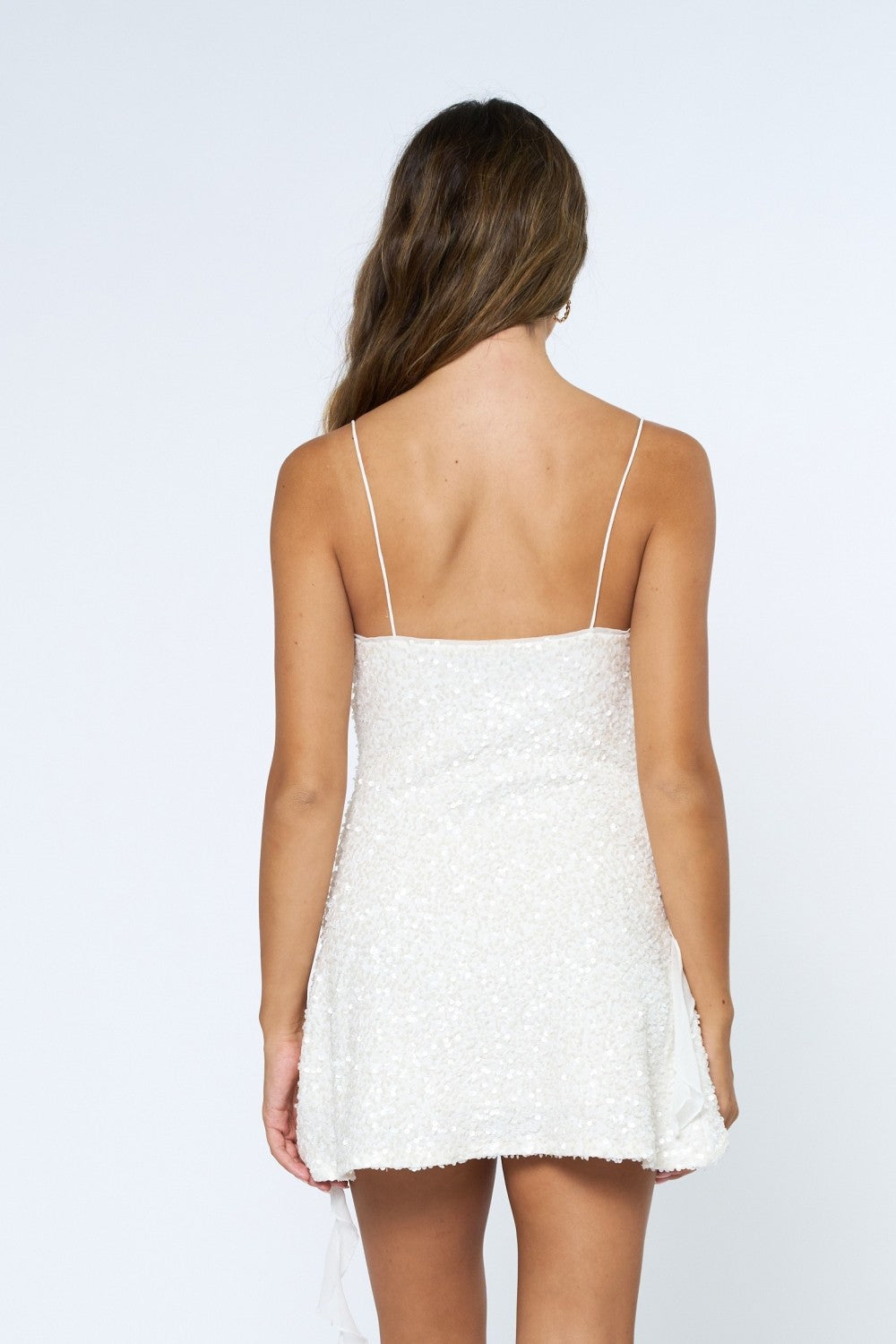 Elegant White Strap Sequence Ruffle Detailed Mini Dress