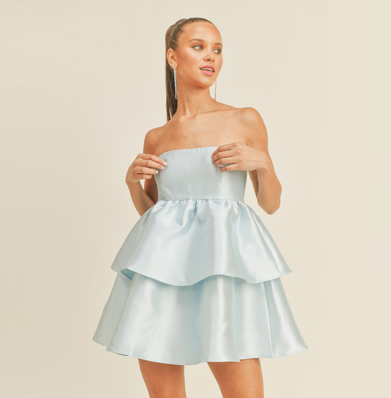 Elegant Strapless Light Blue Satin Layered Ruffle Dress – EDITE MODE