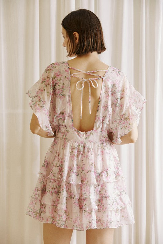 Elegant Pink Multi-Color Floral Print V-Neck Back Tie-Up Layered Ruffle Dress