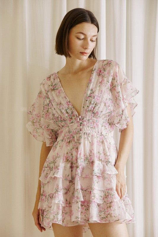 Elegant Pink Multi-Color Floral Print V-Neck Back Tie-Up Layered Ruffle Dress