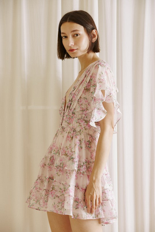 Elegant Pink Multi-Color Floral Print V-Neck Back Tie-Up Layered Ruffle Dress