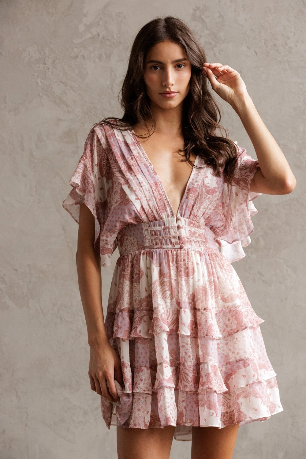 Elegant Dark Pink Multi-Color Floral Print V-Neck Back Tie-Up Layered Ruffle Dress