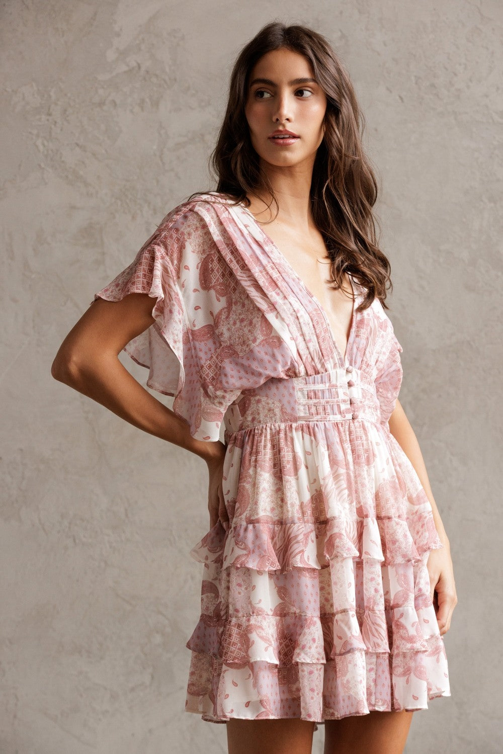 Elegant Dark Pink Multi-Color Floral Print V-Neck Back Tie-Up Layered Ruffle Dress