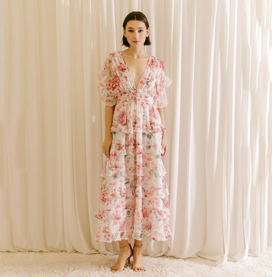 Elegant Pink Multi-Color Floral Print V-Neck Back Tie-Up Layered Ruffle Midi Dress