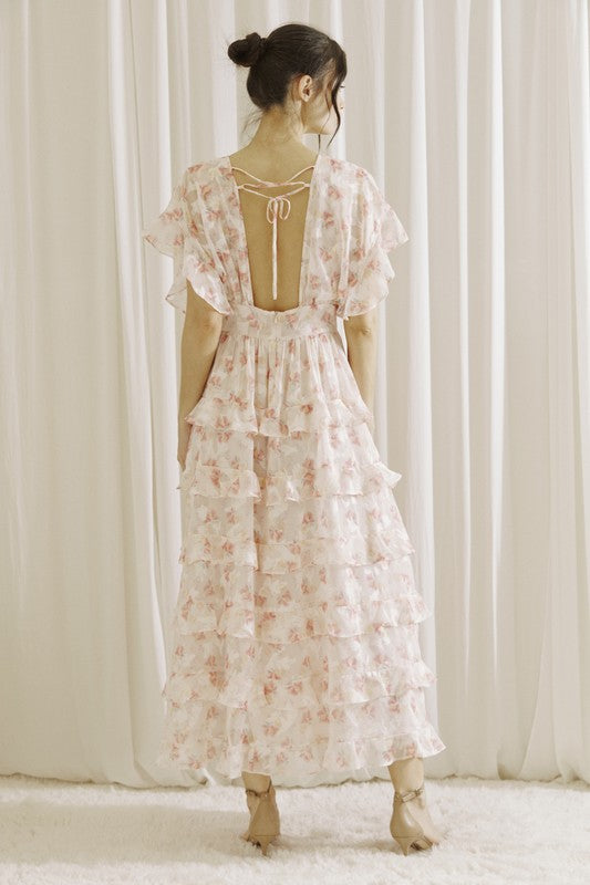 Elegant Pink Orange Floral Print V-Neck Back Tie-Up Layered Ruffle Midi Dress Elegant Pink Orange Floral Print V-Neck Back Tie-Up Layered Ruffle Midi Dress