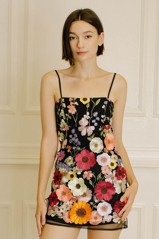 Fashion Black Multi-Color Floral Embroidery Bodycon Strap Mini Dress