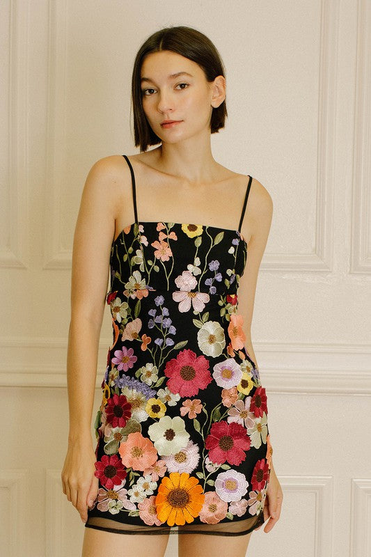 Fashion Black Multi-Color Floral Embroidery Bodycon Strap Mini Dress – EDITE MODE