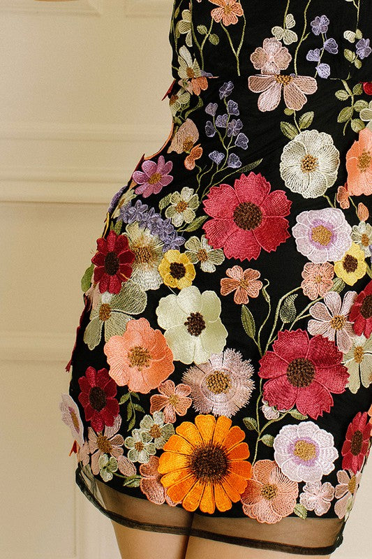 Fashion Black Multi-Color Floral Embroidery Bodycon Strap Mini Dress EDITE MODE Fashion Black Multi-Color Floral Embroidery Bodycon Strap Mini Dress EDITE MODE
