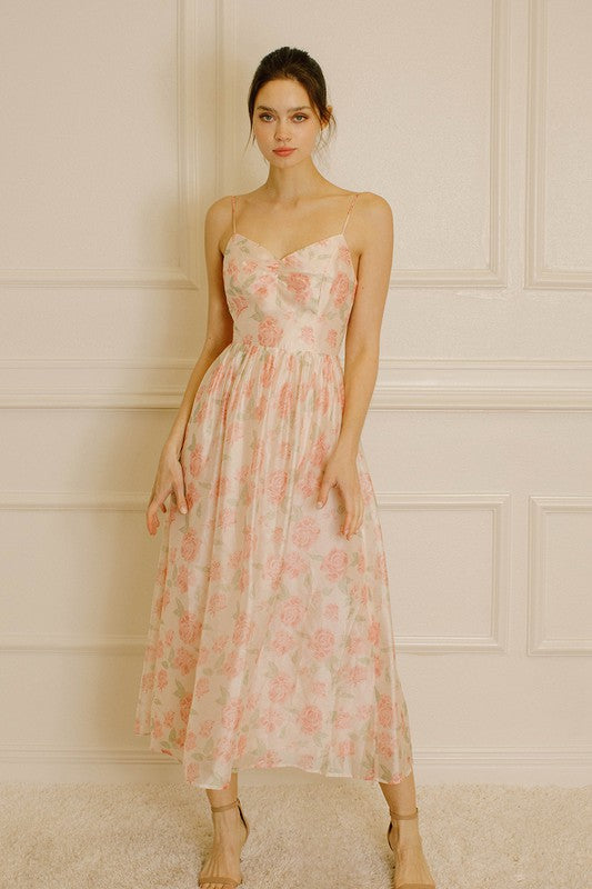 Elegant Pink Multi-Color Floral Print Satin V-Neck Ruffle Midi Dress