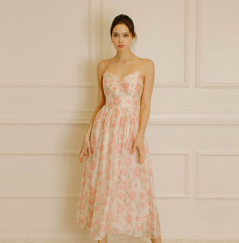 Elegant Pink Multi-Color Floral Print Satin V-Neck Ruffle Midi Dress