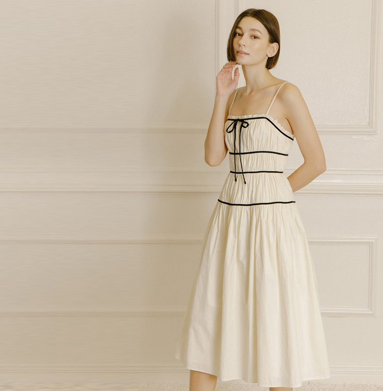 Elegant Cream Strap Contrast Ruffle Midi Dress