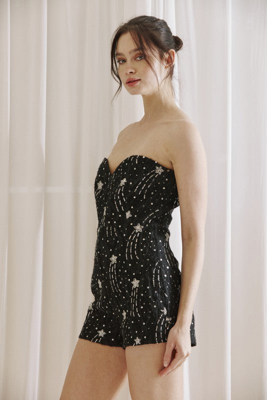 Elegant Strapless Black Textured Detailed Star Silver Sequence Romper