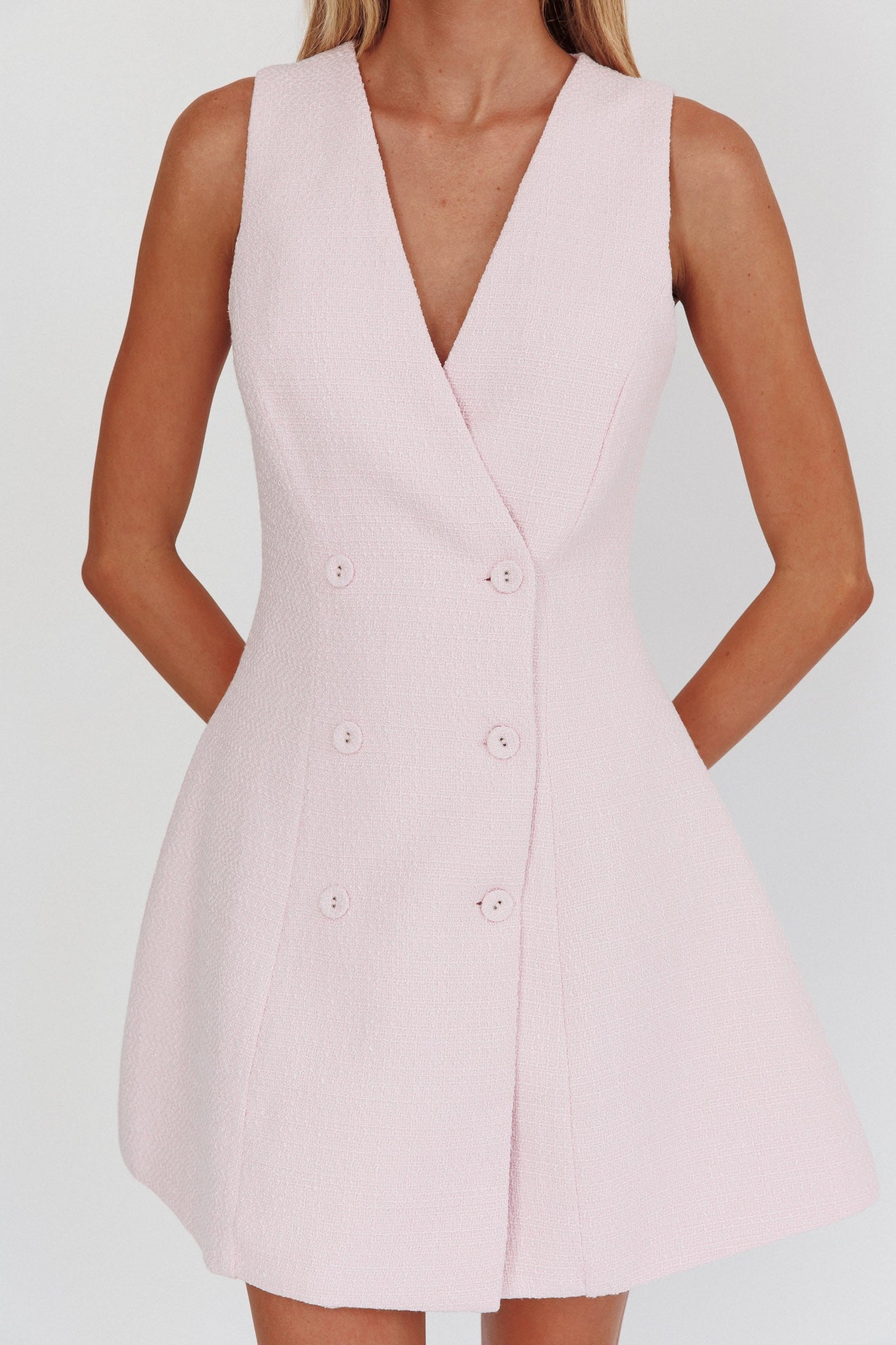 Elegant Pink Texture Detailed Sleeveless Blazer Mini Dress