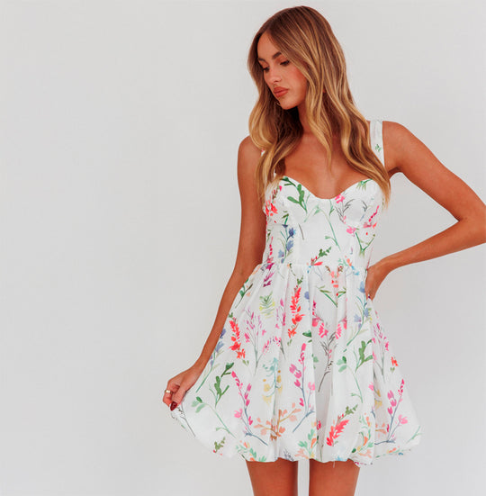 Fashion Strap White Multi-Color Floral Print Ruffle Bubble Bottom Mini Dress