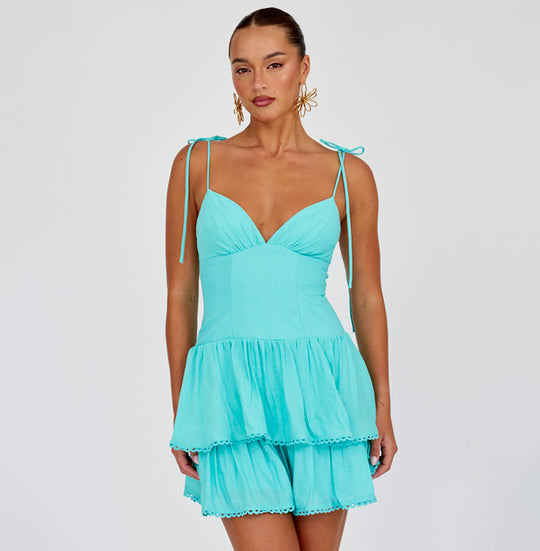 Fashion Summer Strap Aqua Ruffle V-Neck Tiered Mini Dress