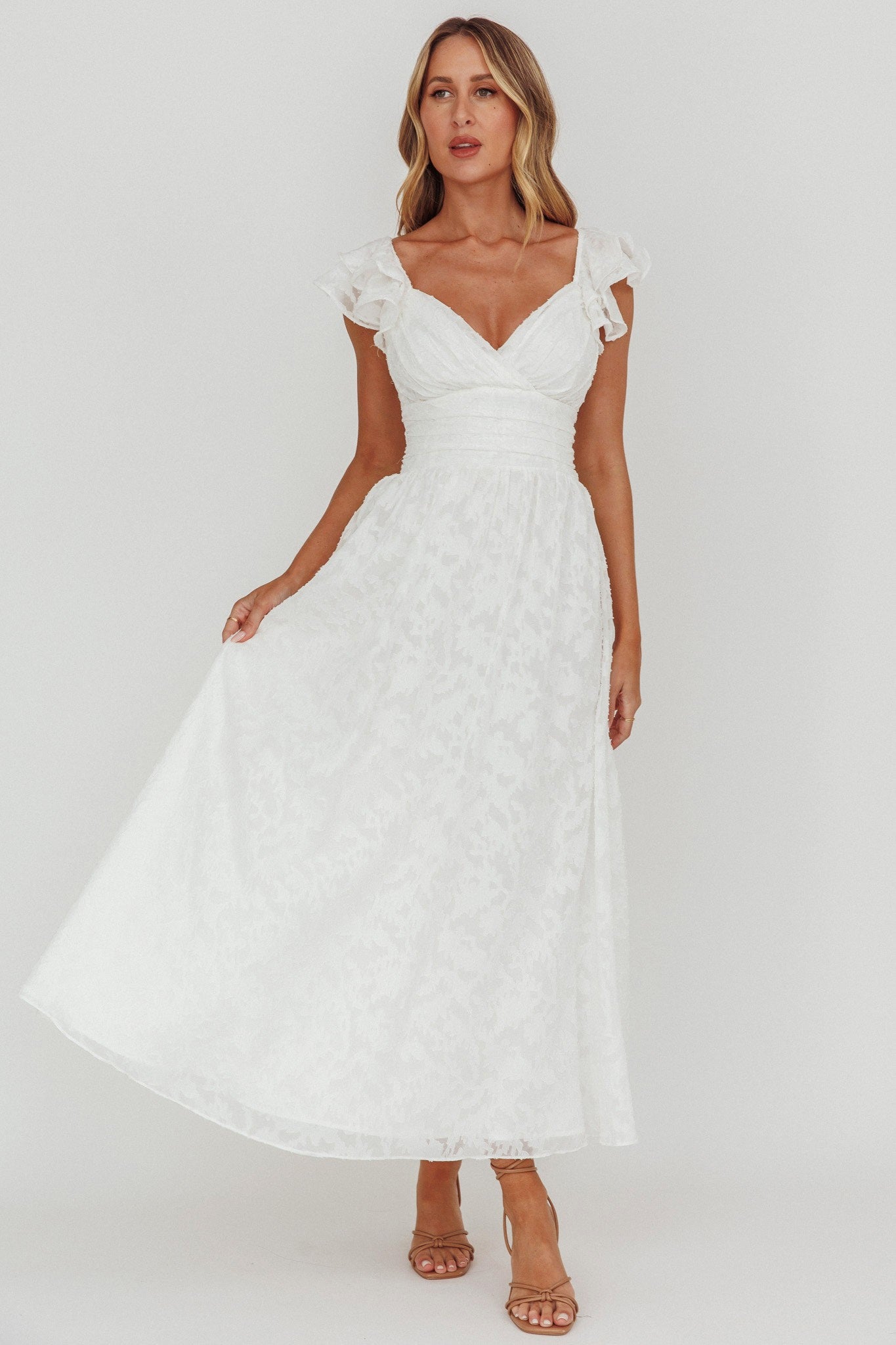 Elegant White Floral Embroidery Ruffle V-Neck Maxi Dress with Band Sleeve Detailed