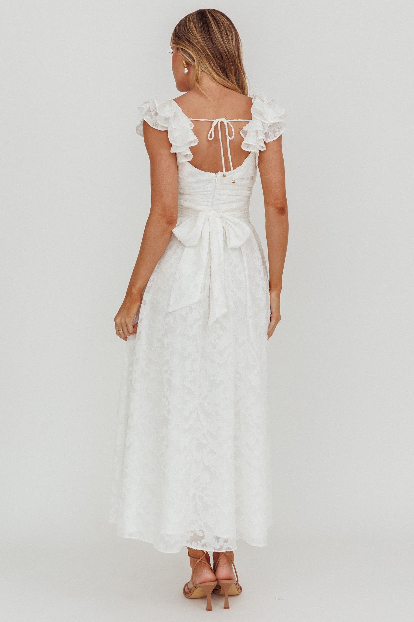 Elegant White Floral Embroidery Ruffle V-Neck Maxi Dress with Band Sleeve Detailed