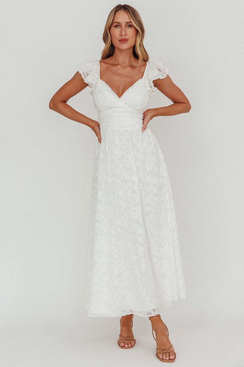 Elegant White Floral Embroidery Ruffle V-Neck Maxi Dress with Band Sleeve Detailed