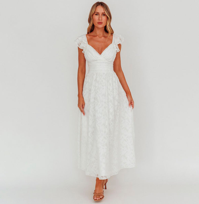 Elegant White Floral Embroidery Ruffle V-Neck Maxi Dress with Band Sleeve Detailed