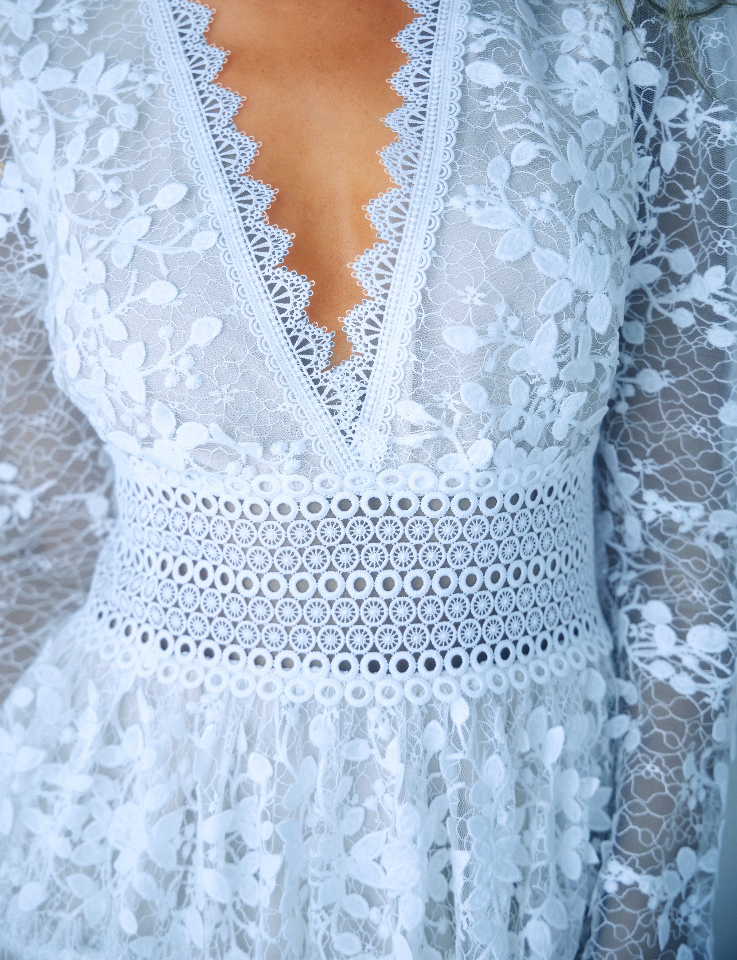 Elegant Light Blue Floral Lace V-Neck Ruffle Tiered Dress with Long Sleeve