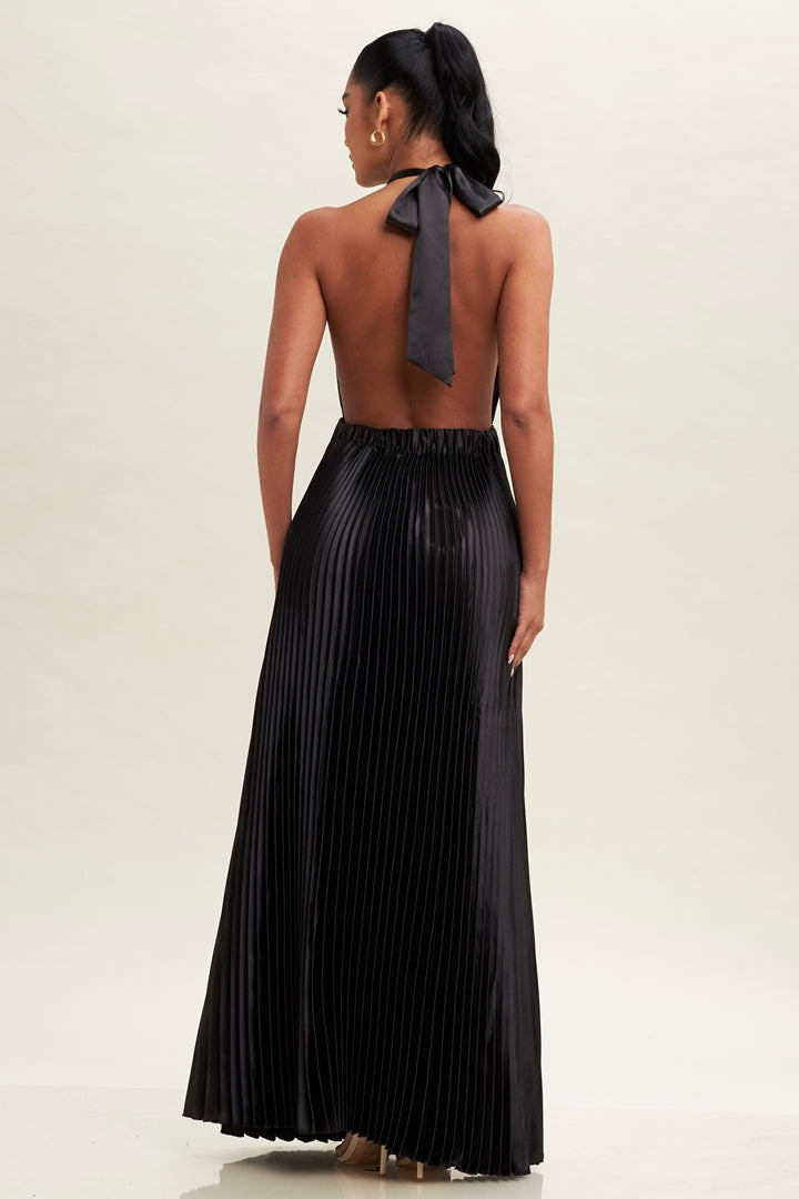 Elegant Halter Black Pleated Deep V-Neck Open Back Tie-Up Satin Maxi Dress