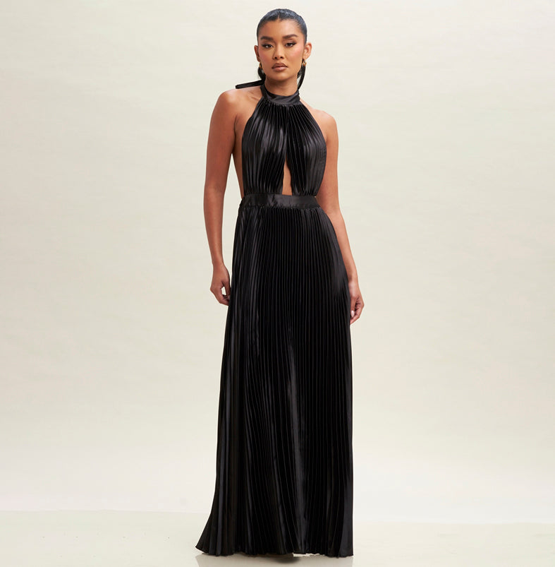 Elegant Halter Black Pleated Deep V-Neck Open Back Tie-Up Satin Maxi Dress M / Black