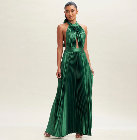 Elegant Halter Hunter Green Pleated Deep V-Neck Open Back Tie-Up Satin Maxi Dress