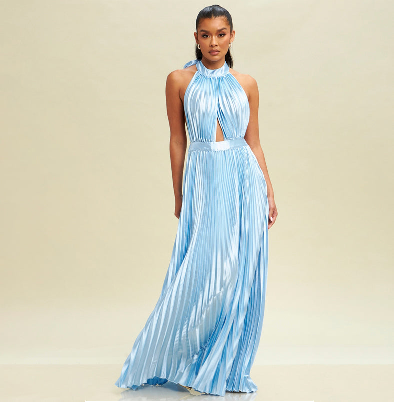 Elegant Halter Light Blue Pleated Deep V-Neck Open Back Tie-Up Satin Maxi Dress