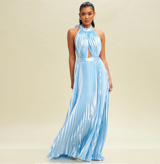 Elegant Halter Light Blue Pleated Deep V-Neck Open Back Tie-Up Satin Maxi Dress