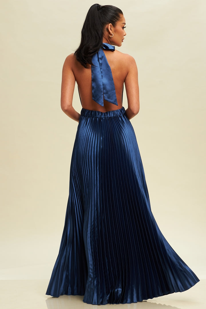 Elegant Halter Navy Pleated Deep V-Neck Open Back Tie-Up Satin Maxi Dress